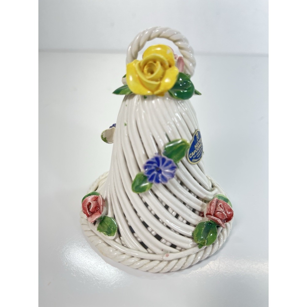 Nuova Capodimonte Floral Porcelain Roped Bell Made in Italy Orig Sticker 4x3.5"